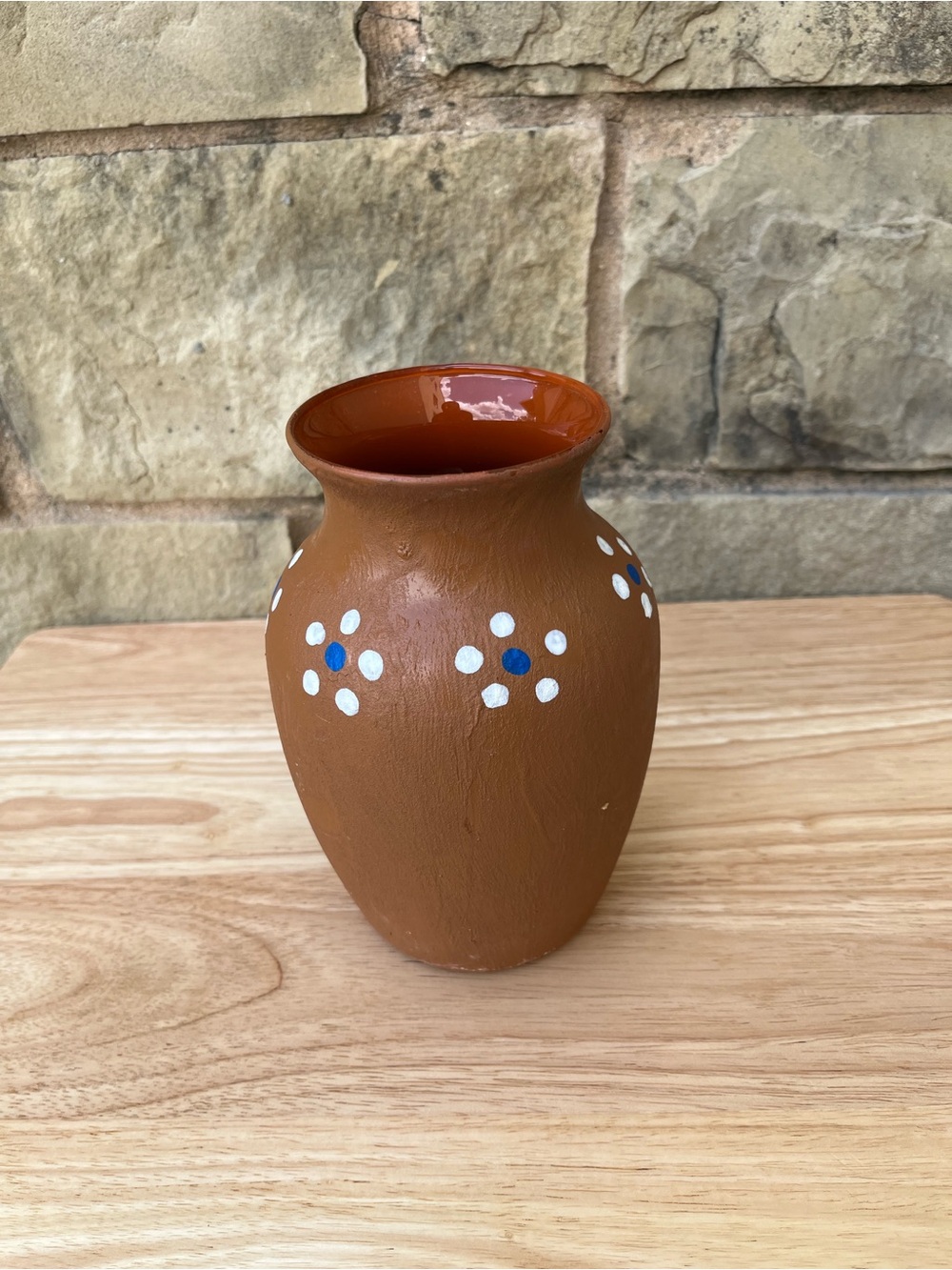 Hand-Painted Terracotta Floral Vase — Brown with White & Blue Dots